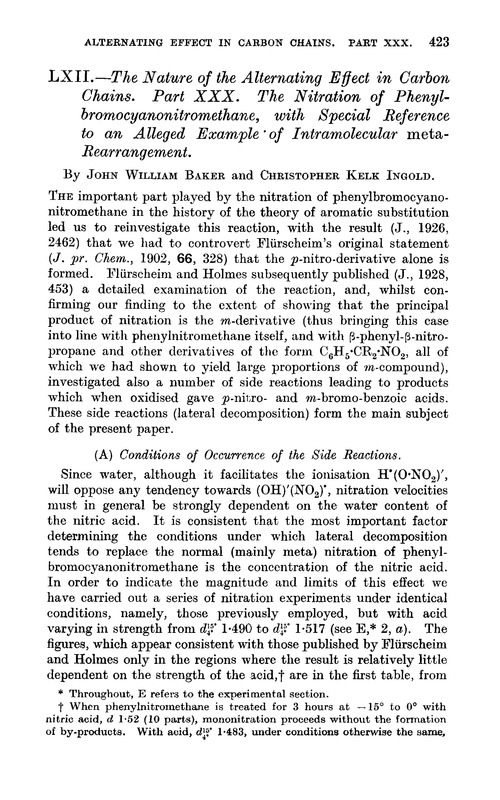 LXII.—The nature of the alternating effect in carbon chains. Part XXX. The nitration of phenylbromocyanonitromethane, with special reference to an alleged example of intramolecular meta-rearrangement