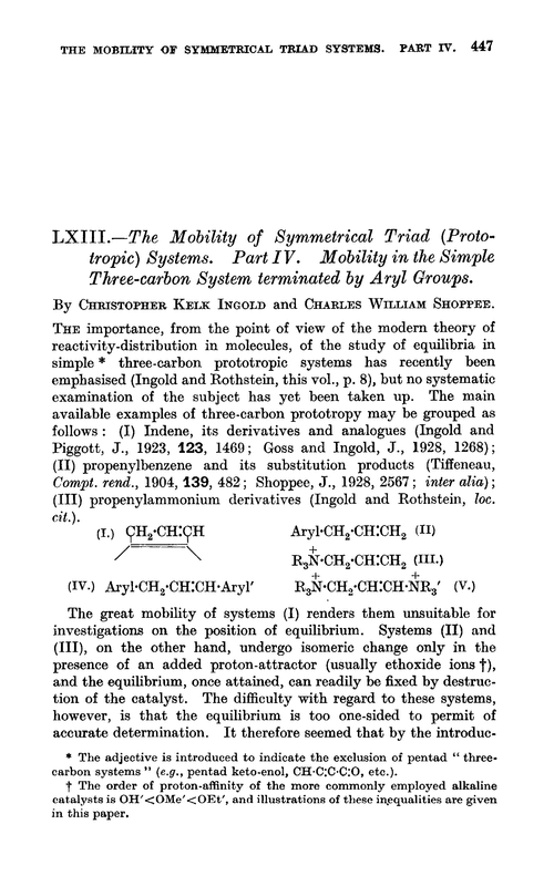 LXIII.—The mobility of symmetrical triad (prototropic) systems. Part IV. Mobility in the simple three-carbon system terminated by aryl groups