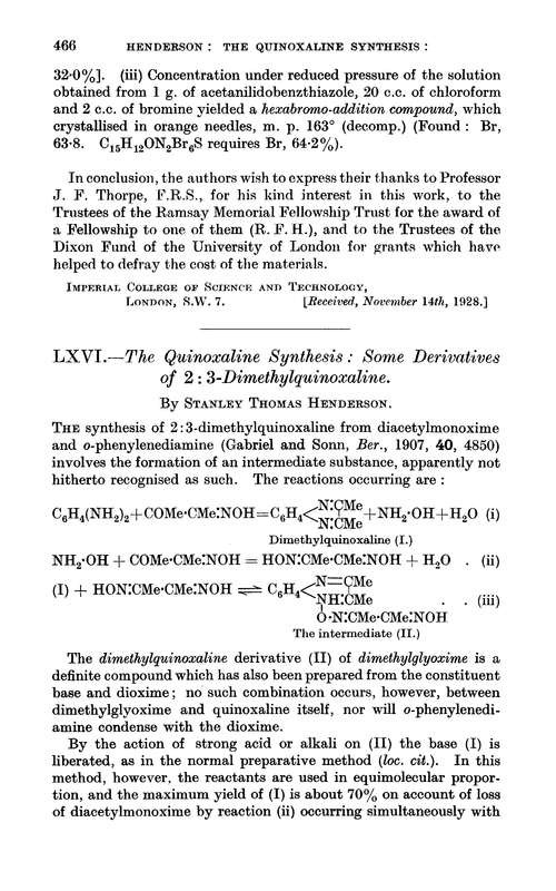 LXVI.—The quinoxaline synthesis: some derivatives of 2 : 3-dimethylquinoxaline