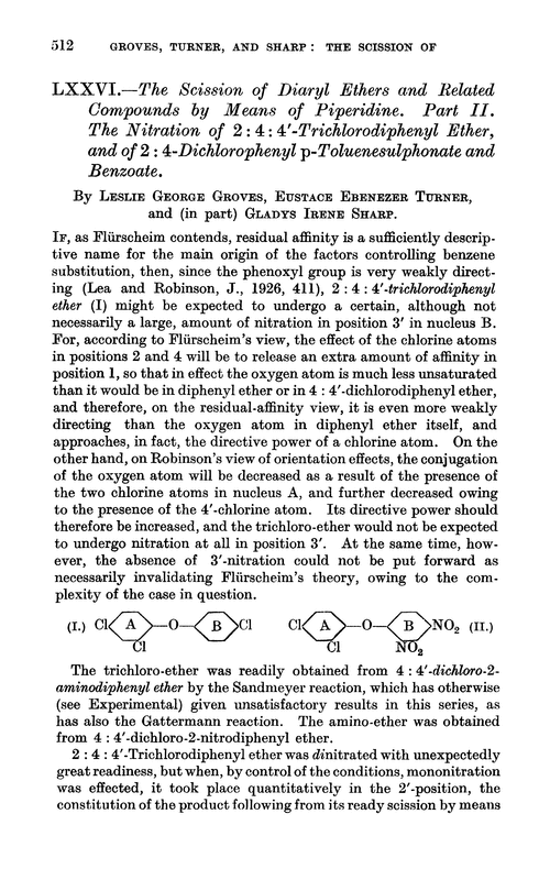 LXXVI.—The scission of diaryl ethers and related compounds by means of piperidine. Part II. The nitration of 2 : 4 : 4′-trichlorodiphenyl ether, and of 2 : 4-dichlorophenyl p-toluenesulphonate and benzoate