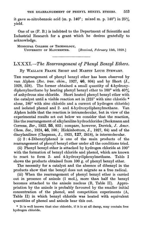 LXXXI.—The rearrangement of phenyl benzyl ethers