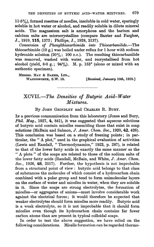 XCVII.—The densities of butyric acid–water mixtures