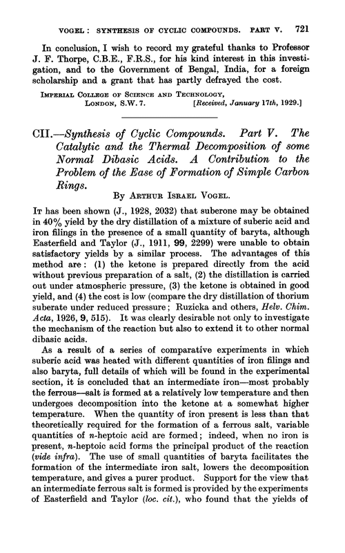 CII.—Synthesis of cyclic compounds. Part V. The catalytic and the thermal decomposition of some normal dibasic acids. A contribution to the problem of the ease of formation of simple carbon rings