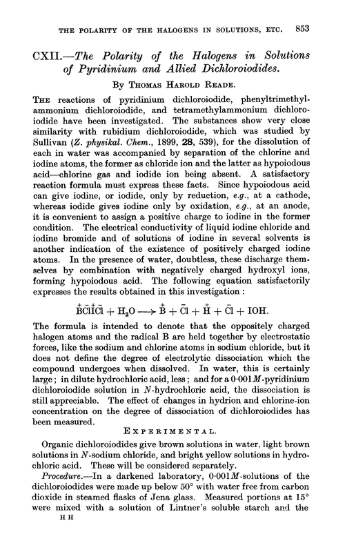 CXII.—The polarity of the halogens in solutions of pyridinium and allied dichloroiodides