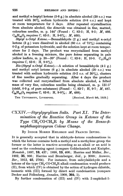 CXXIV.—Styrylpyrylium salts. Part XI. The determination of the reactive group in ketones of the type CH3·CO·CH2R by means of the benzo-β-naphthaspiropyran colour change