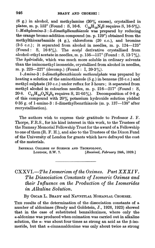 CXXVI.—The isomerism of the oximes. Part XXXIV. The dissociation constants of isomertic oximes and their influence on the production of the isomerides in alkaline solution