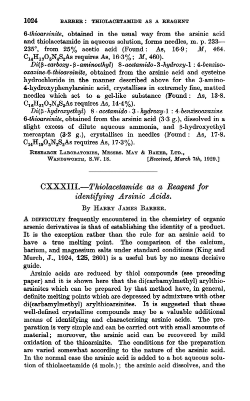 CXXXIII.—Thiolacetamide as a reagent for identifying arsinic acids