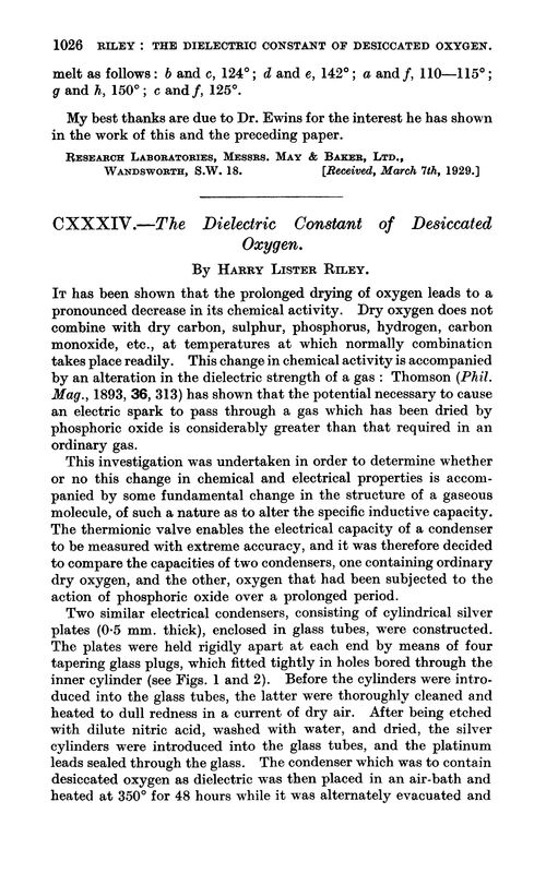 CXXXIV.—The dielectric constant of desiccated oxygen