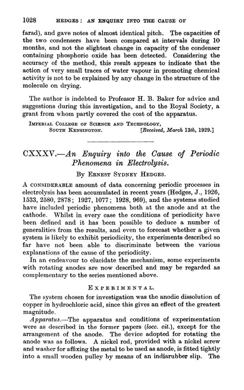 CXXXV.—An enquiry into the cause of periodic phenomena in electrolysis