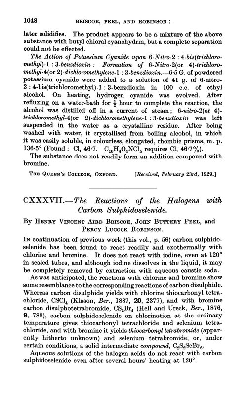 CXXXVII.—The reactions of the halogens with carbon sulphidoselenide