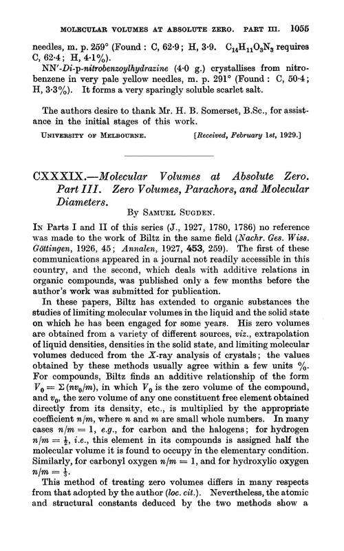 CXXXIX.—Molecular volumes at absolute zero. Part III. Zero volumes, parachors, and molecular diameters