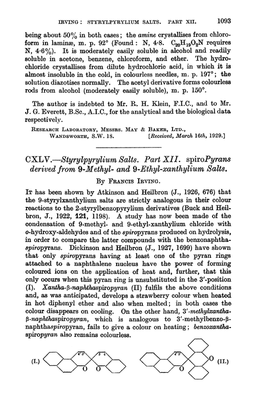 CXLV.—Styrylpyrylium salts. Part XII. Spiropyrans derived from 9-methyl- and 9-ethyl-xanthylium salts