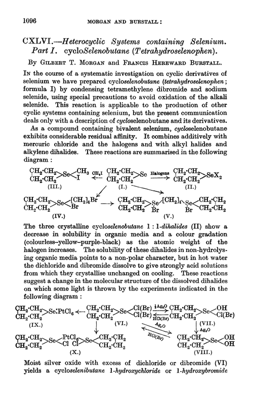 CXLVI.—Heterocyclic systems containing selenium. Part I. Cycloselenobutane (tetrahydroselenophen)