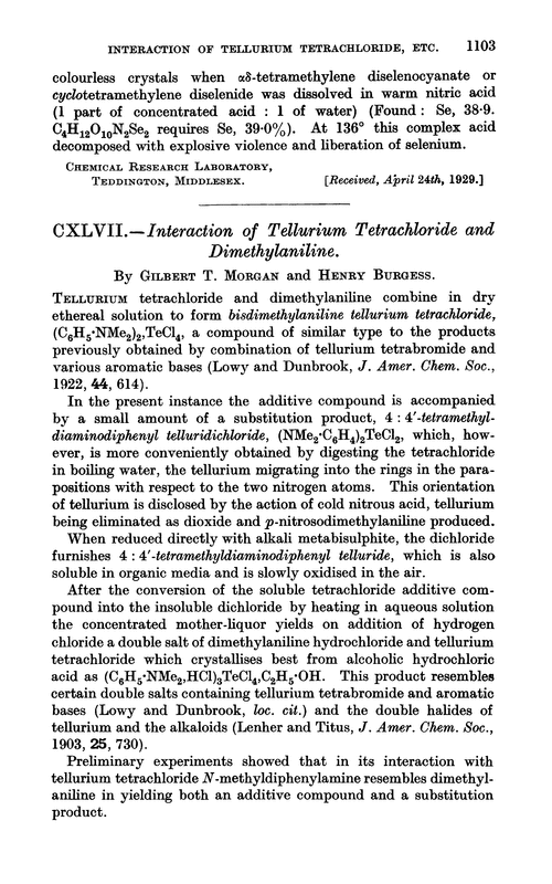 CXLVII.—Interaction of tellurium tetrachloride and dimethylaniline
