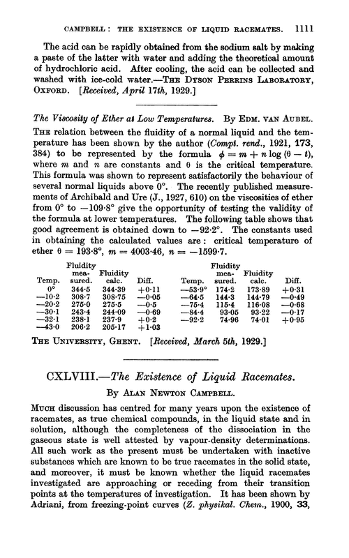 CXLVIII.—The existence of liquid racemates