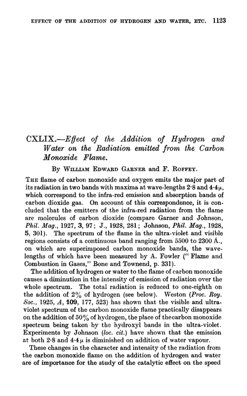 CXLIX.—Effect of the addition of hydrogen and water on the radiation emitted from the carbon monoxide flame