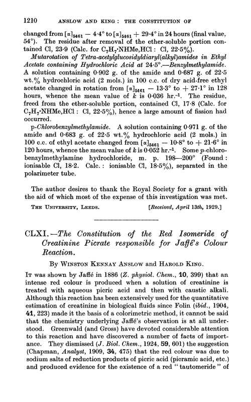 CLXI.—The constitution of the red isomeride of creatinine picrate responsible for Jaffé's colour reaction