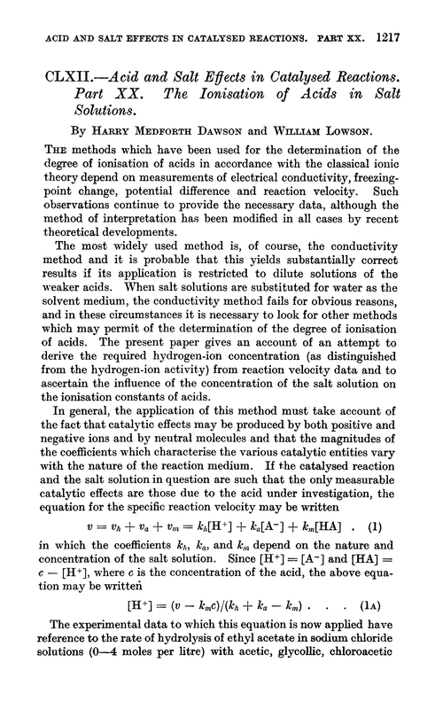 CLXII.—Acid and salt effects in catalysed reactions. Part XX. The ionisation of acids in salt solutions