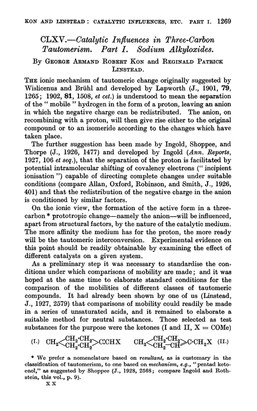 CLXV.—Catalytic influences in three-carbon tautomerism. Part I. Sodium alkyloxides