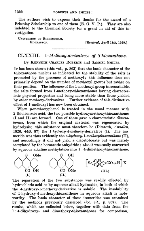 CLXXIII.—1-Methoxy-derivatives of thioxanthone