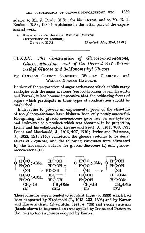 CLXXV.—The constitution of glucose-monoacetone, glucose-diacetone, and of the derived 3 : 5 : 6-trimethyl glucose and 3-monomethyl glucose