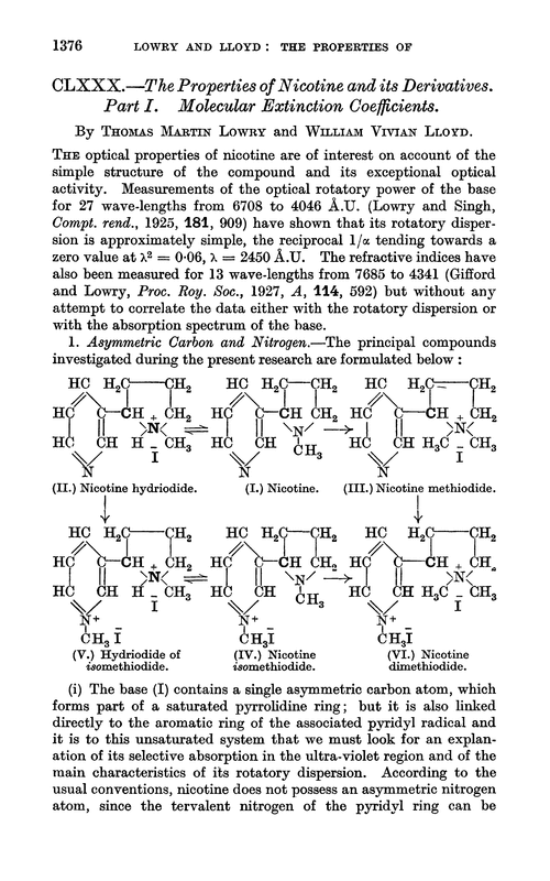 CLXXX.—The properties of nicotine and its derivatives. Part I. Molecular extinction coefficients