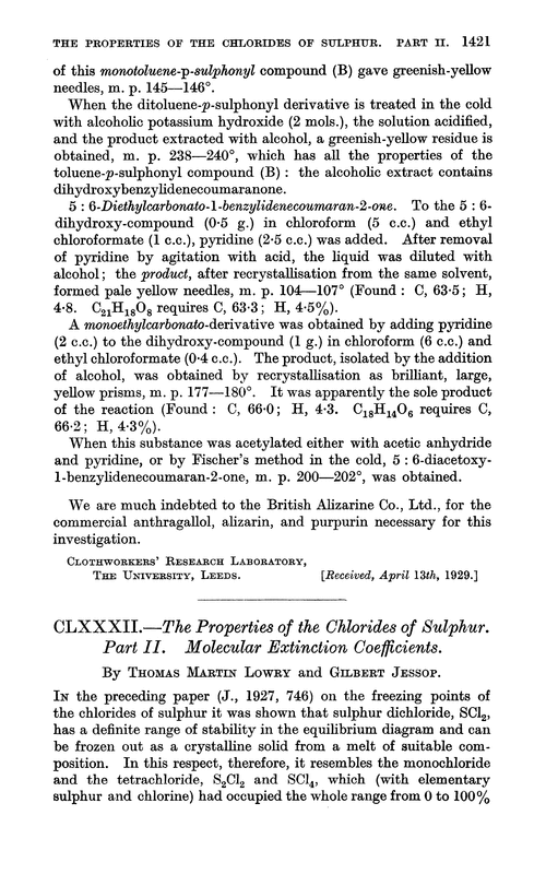 CLXXXII.—The properties of the chlorides of sulphur. Part II. Molecular extinction coefficients