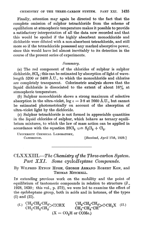 CLXXXIII.—The chemistry of the three-carbon system. Part XXI. Some cycloheptane compounds