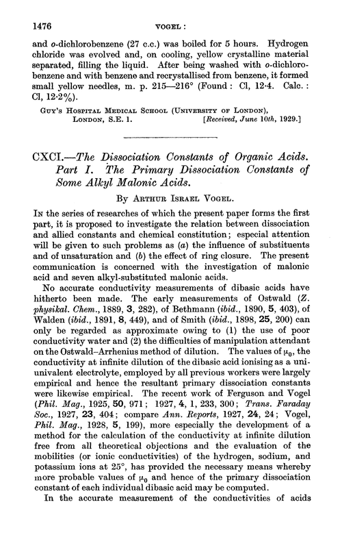 CXCI.—The dissociation constants of organic acids. Part I. The primary dissociation constants of some alkyl malonic acids