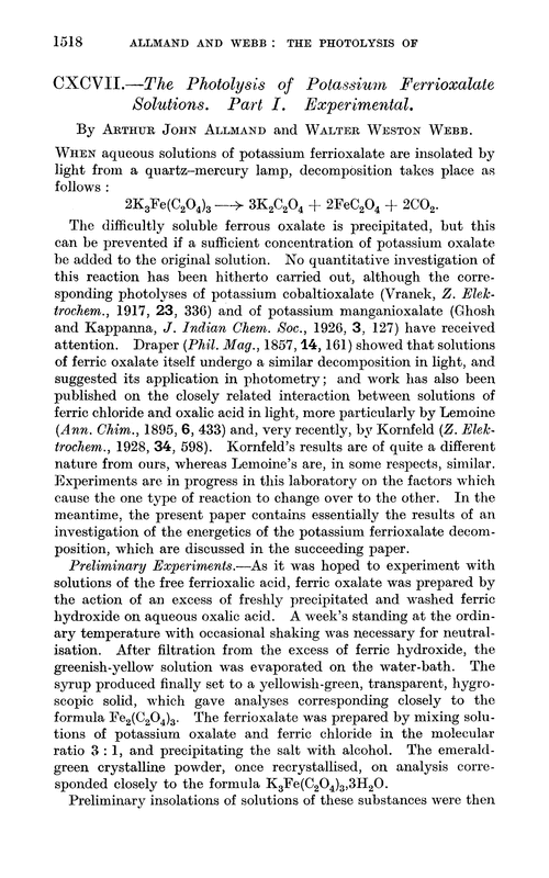 CXCVII.—The photolysis of potassium ferrioxalate solutions. Part I. Experimental