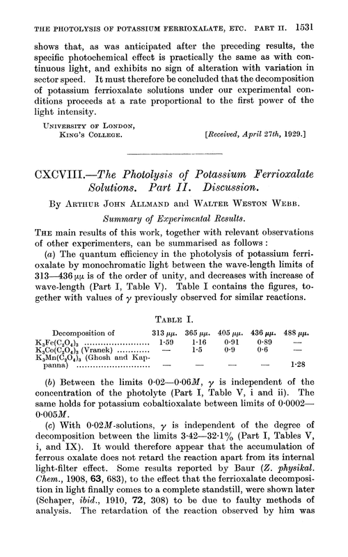 CXCVII.—The photolysis of potassium ferrioxalate solutions. Part II. Discussion