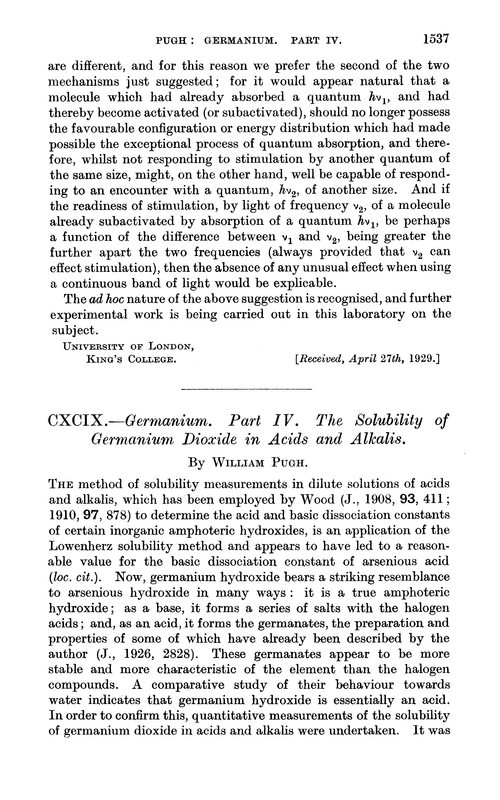 CXCIX.—Germanium. Part IV. The solubility of germanium dioxide in acids and alkalis