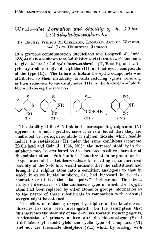 CCVII.—The formation and stability of the 2-thio-1 : 2-dihydrobenzisothiazoles