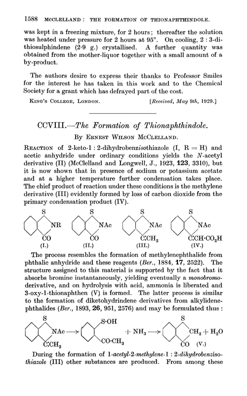 CCVIII.—The formation of thionaphthindole