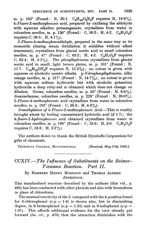 CCXIV.—The influence of substituents on the Reimer–Tiemann reaction. Part II