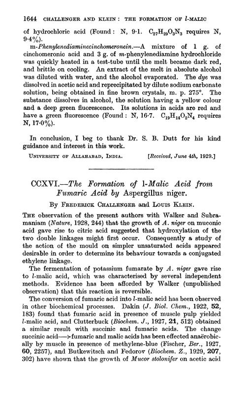 CCXVI.—The formation of l-malic acid from fumaric acid by Aspergillus niger