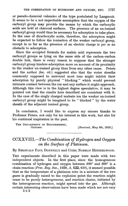 CCXXVIII.—The combination of hydrogen and oxygen on the surface of platinum