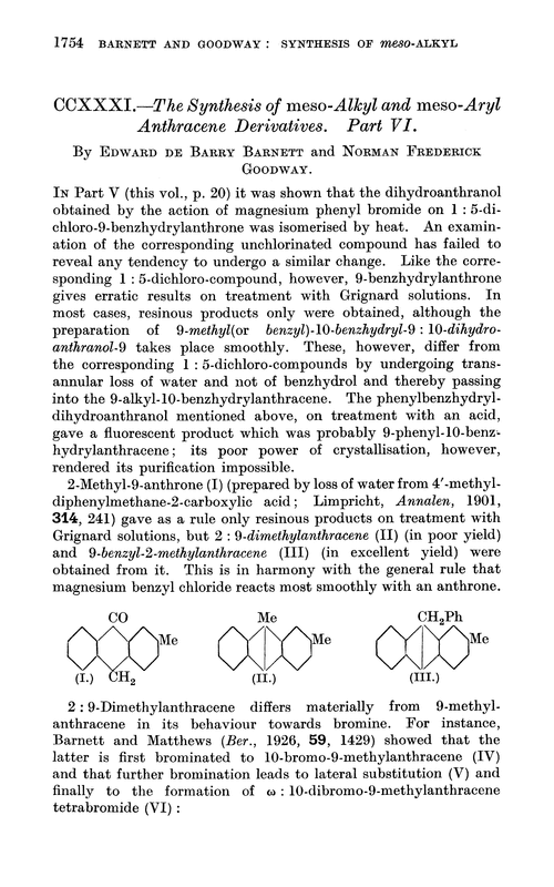 CCXXXI.—The synthesis of meso-alkyl and meso-aryl anthracene derivatives. Part VI
