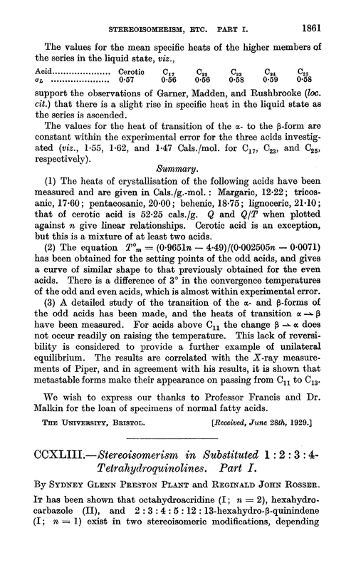 CCXLIII.—Stereoisomerism in substituted 1 : 2 : 3 : 4-tetrahydroquinolines. Part I