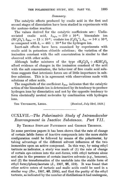 CCXLVII.—The polarimetric study of intramolecular rearrangement in inactive substances. Part VII