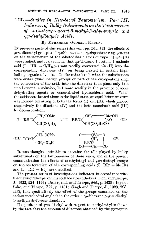 CCL.—Studies in keto-lactol tautomerism. Part III. Influence of bulky substituents on the tautomerism of α-carboxy-γ-acetyl-β-methyl-β-ethyl-butyric and -ββ-diethylbutyric acids