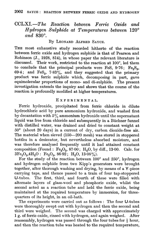 CCLXI.—The reaction between ferric oxide and hydrogen sulphide at temperatures between 120° and 830°