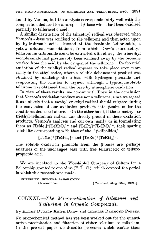 CCLXXI.—The micro-estimation of selenium and tellurium in organic compounds