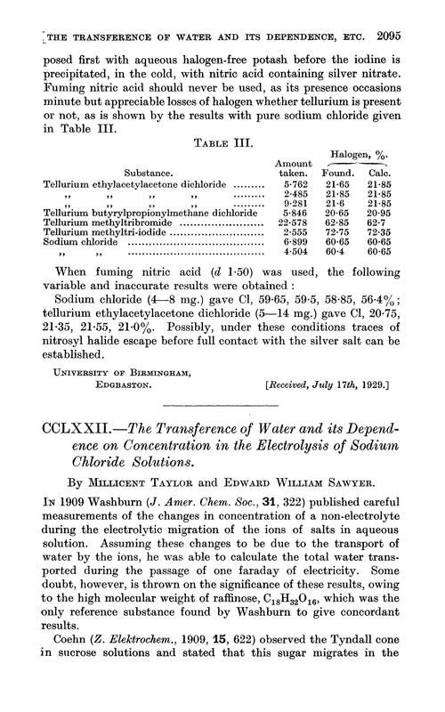 CCLXXII.—The transference of water and its dependence on concentration in the electrolysis of sodium chloride solutions