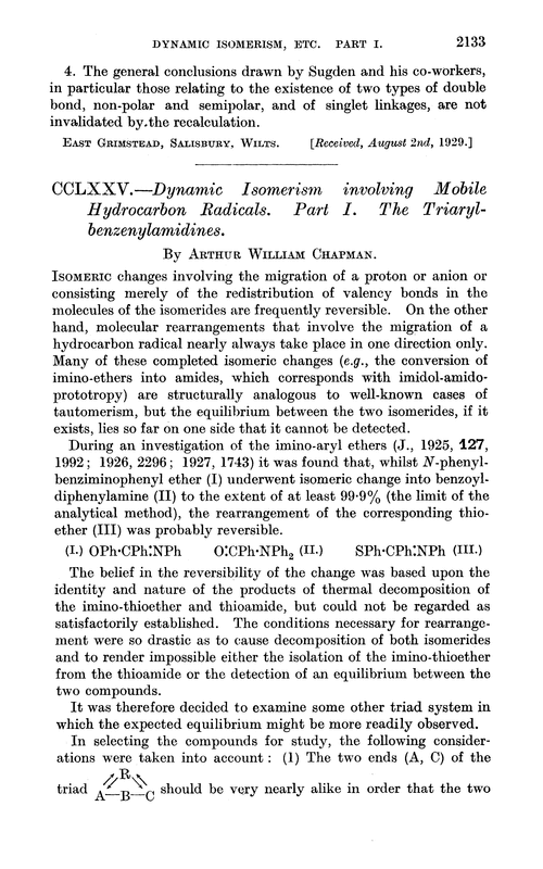 CCLXXV.—Dynamic isomerism involving mobile hydrocarbon radicals. Part I. The triarylbenzenylamidines