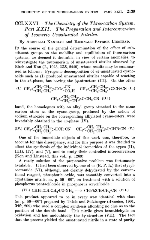 CCLXXVI.—The chemistry of the three-carbon system. Part XXII. The preparation and interconversion of isomeric unsaturated nitriles