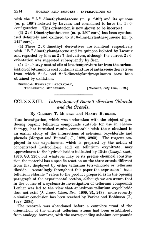 CCLXXXIII.—Interactions of basic tellurium chloride and the cresols