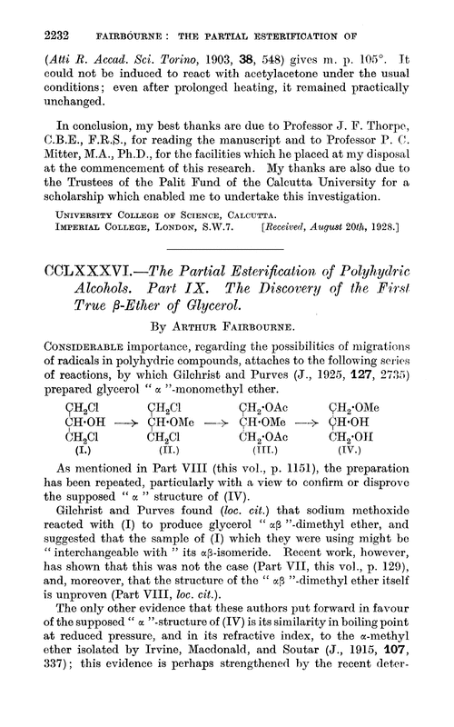 CCLXXXVI.—The partial esterification of polyhydric alcohols. Part IX. The discovery of the first true β-ether of glycerol