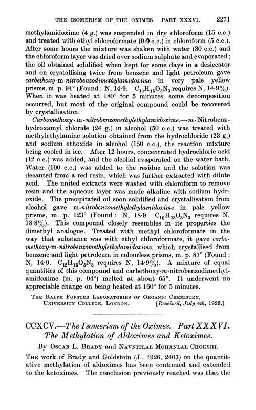 CCXCV.—The isomerism of the oximes. Part XXXVI. The methylation of aldoximes and ketoximes