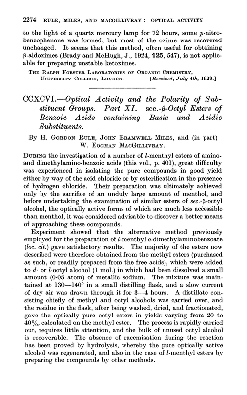 CCXCVI.—Optical activity and the polarity of substituent groups. Part XI. sec.-β-Octyl esters of benzoic acids containing basic and acidic substituents